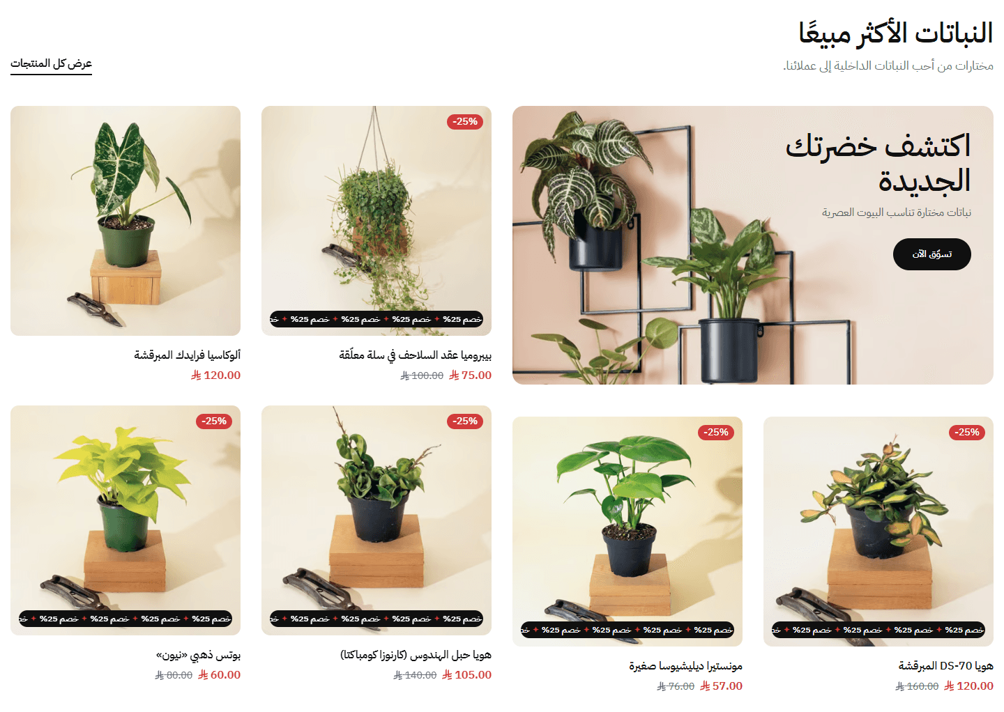 بانر وتحته منتجين، وجنبه أربع منتجات (أحسن مع العنوان على الجنب وأربعة في الصف)