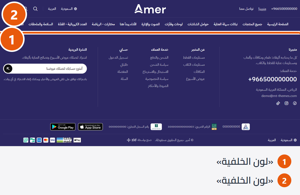 هيدر وفوتر متجر أمير بألوان مختلفة عن الصفحة