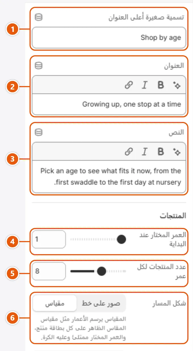 إعدادات «تسوّق حسب العمر» في محرر شوبيفاي (1 من 2)