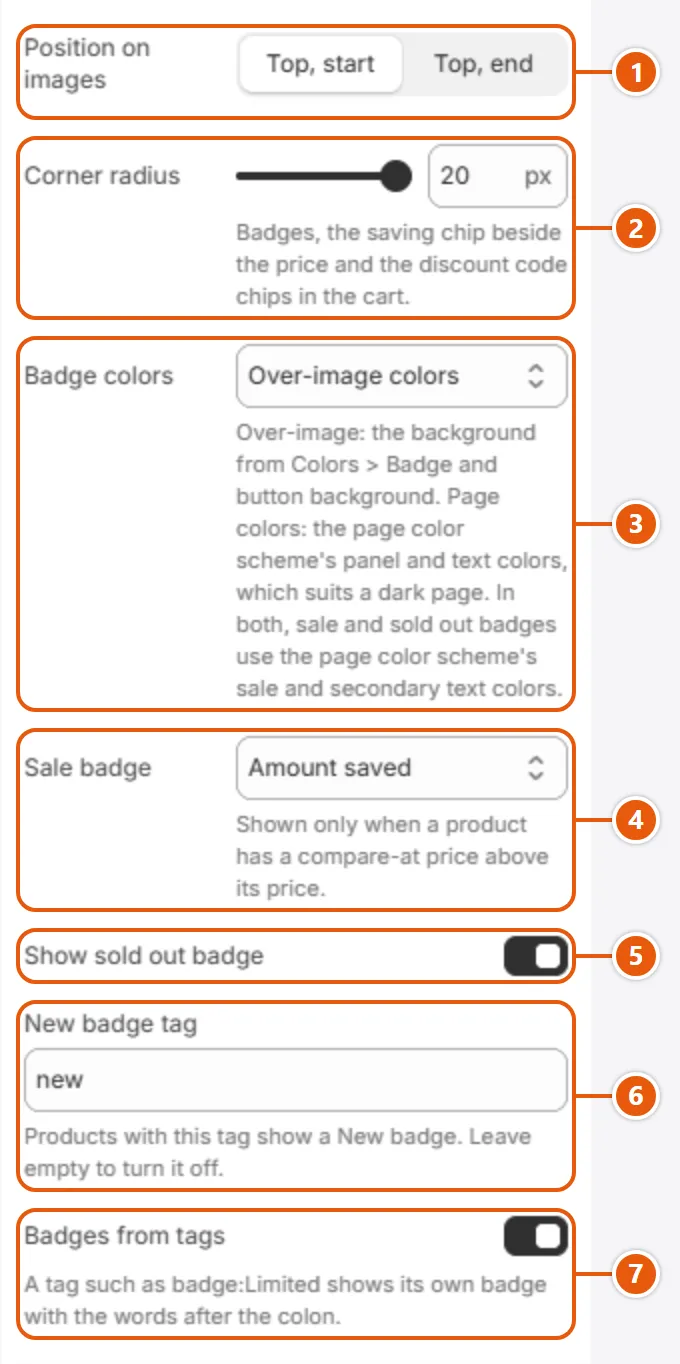 “Badges” settings in the Shopify editor