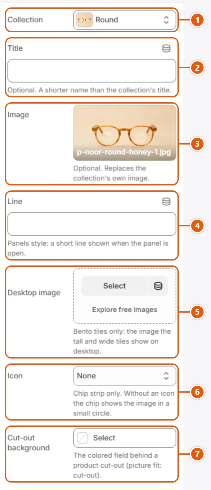 “Collection” settings in the Shopify editor