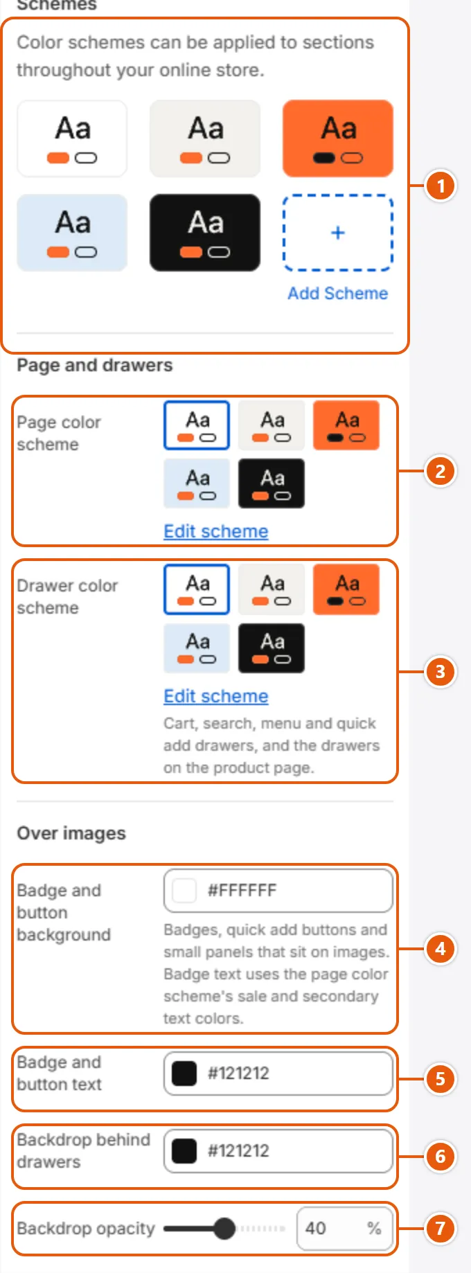 “Colors” settings in the Shopify editor
