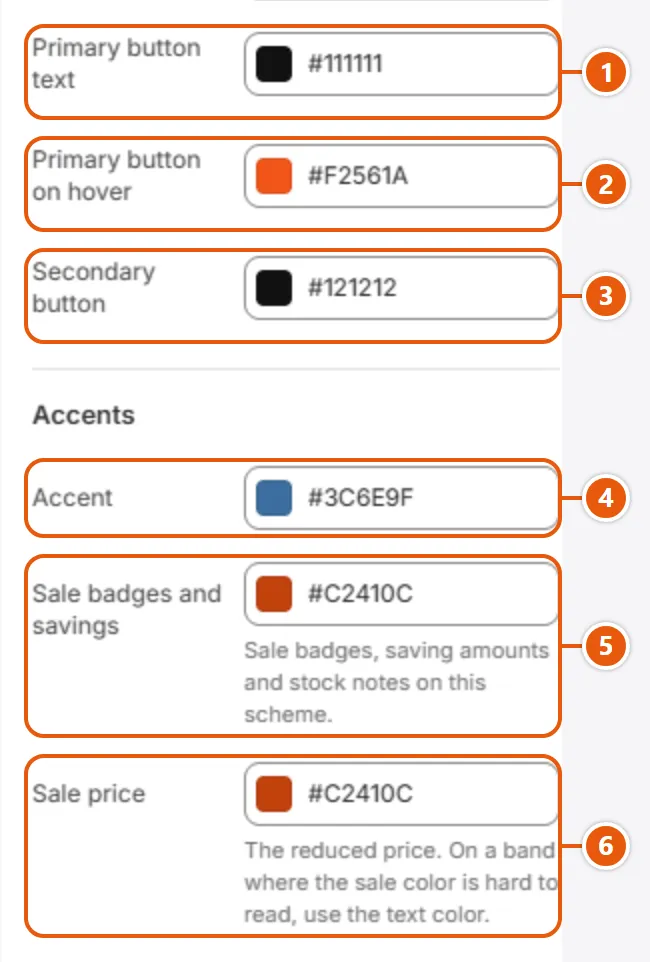 “Schemes” settings in the Shopify editor (2 of 2)
