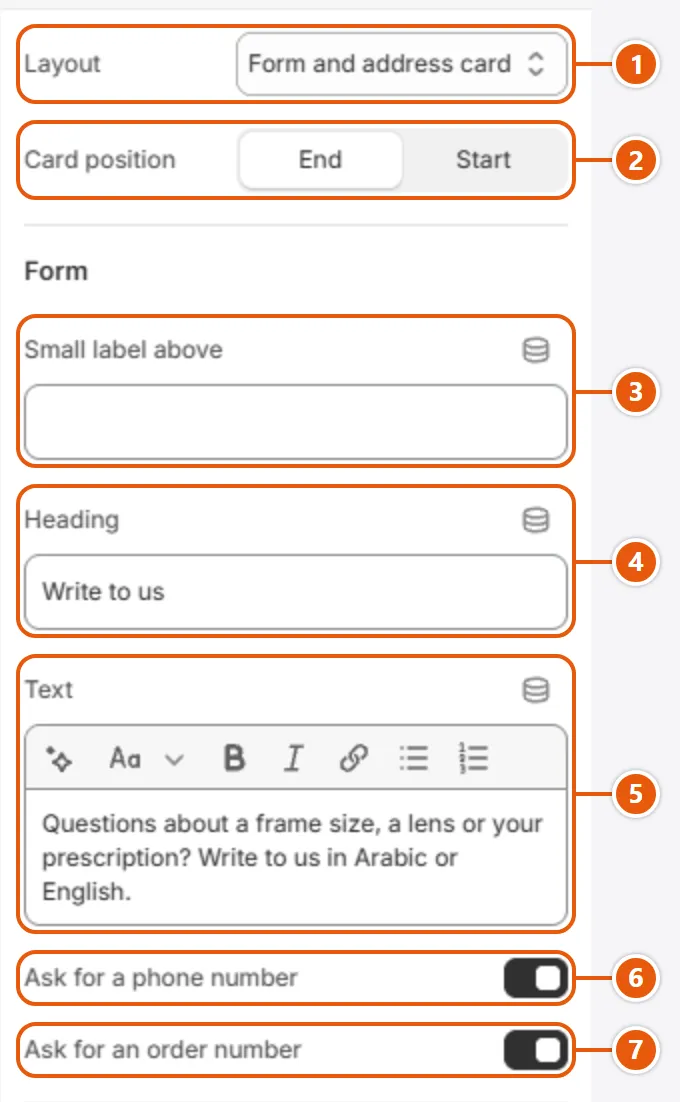 “Contact form” settings in the Shopify editor (1 of 2)