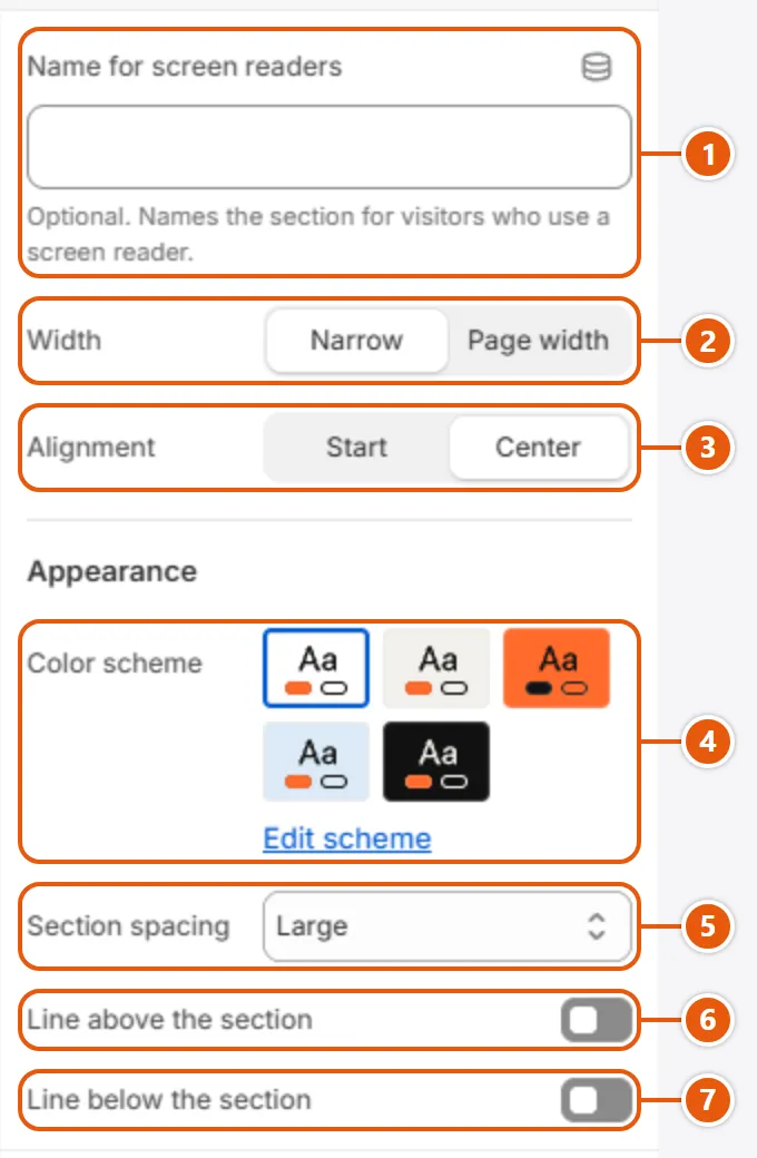 “Custom content” settings in the Shopify editor