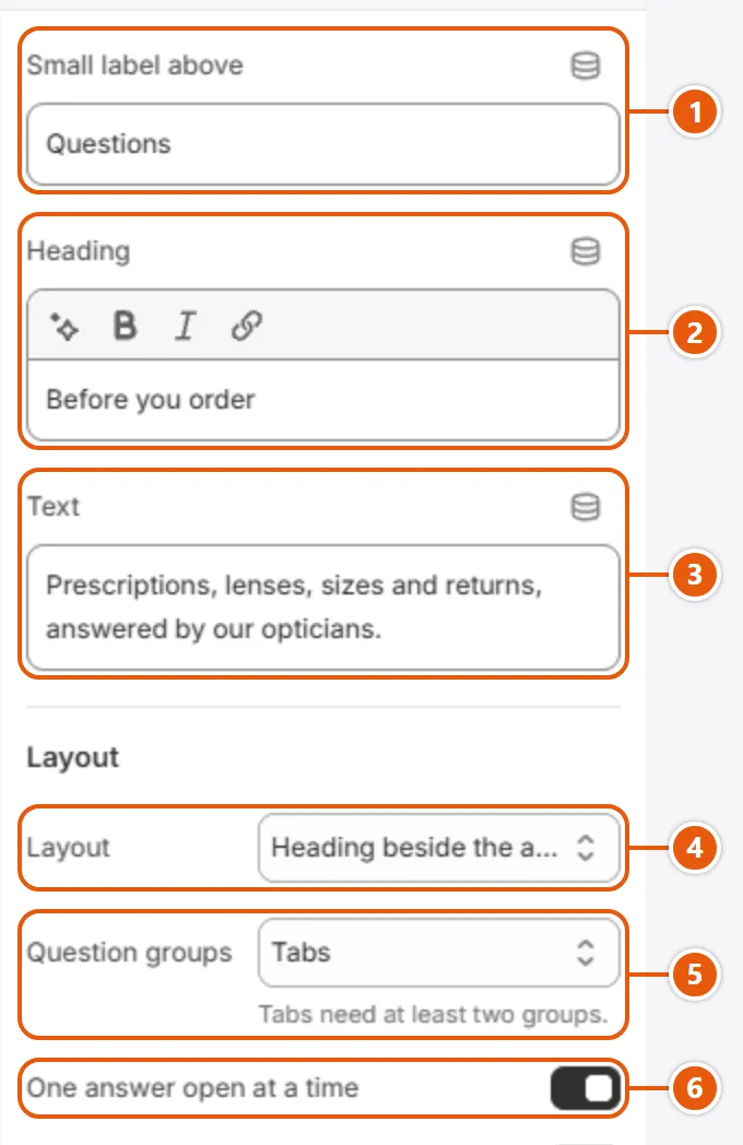 “FAQ” settings in the Shopify editor (1 of 3)