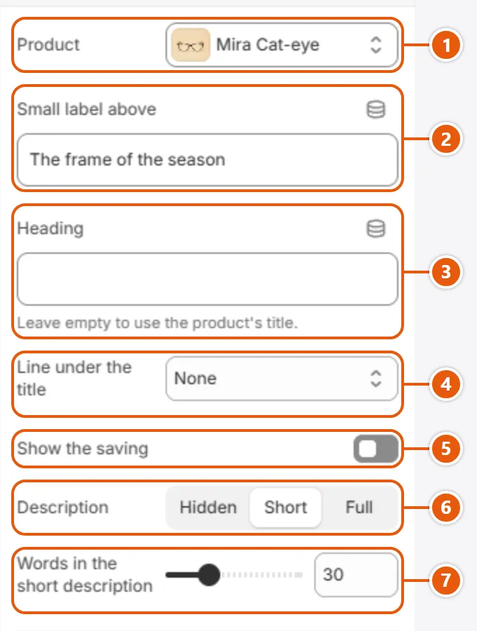 “Featured product” settings in the Shopify editor (1 of 3)