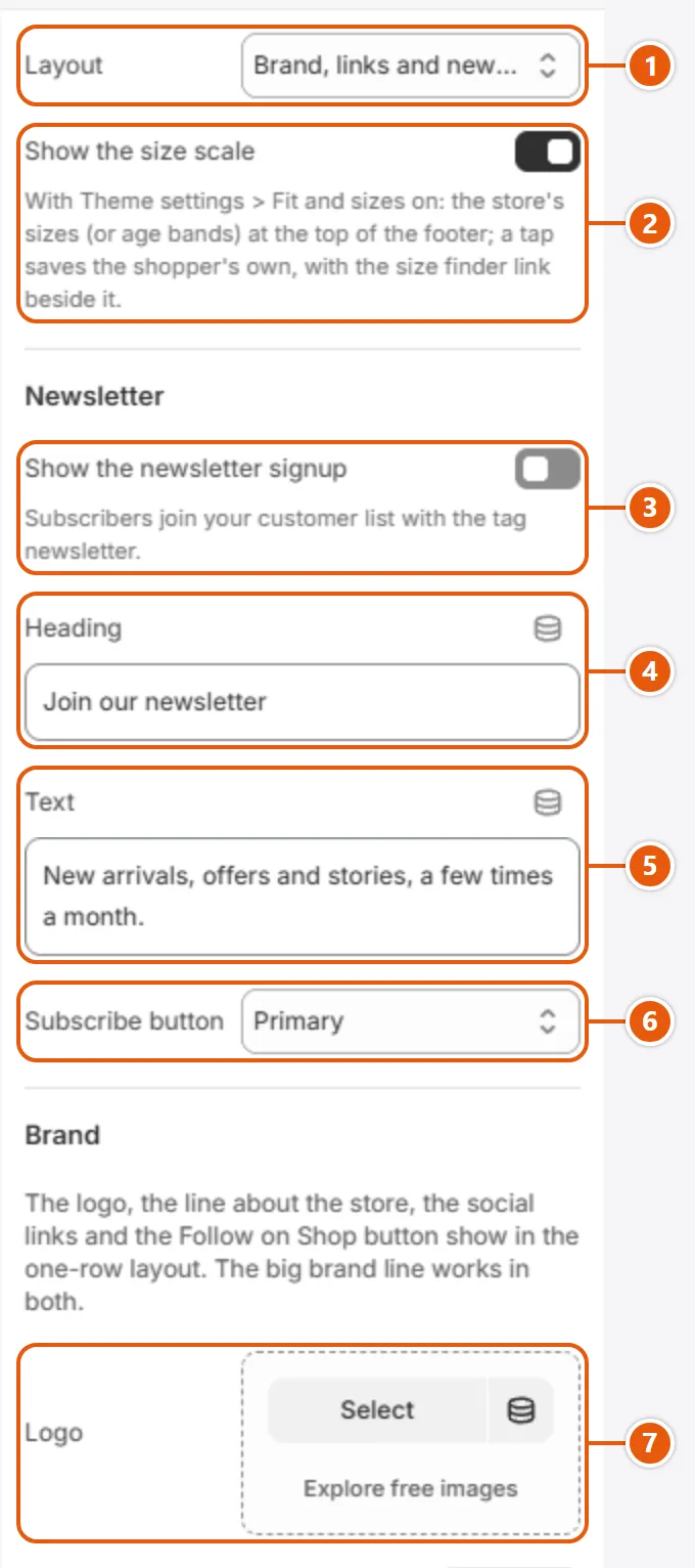 “Footer” settings in the Shopify editor (1 of 4)