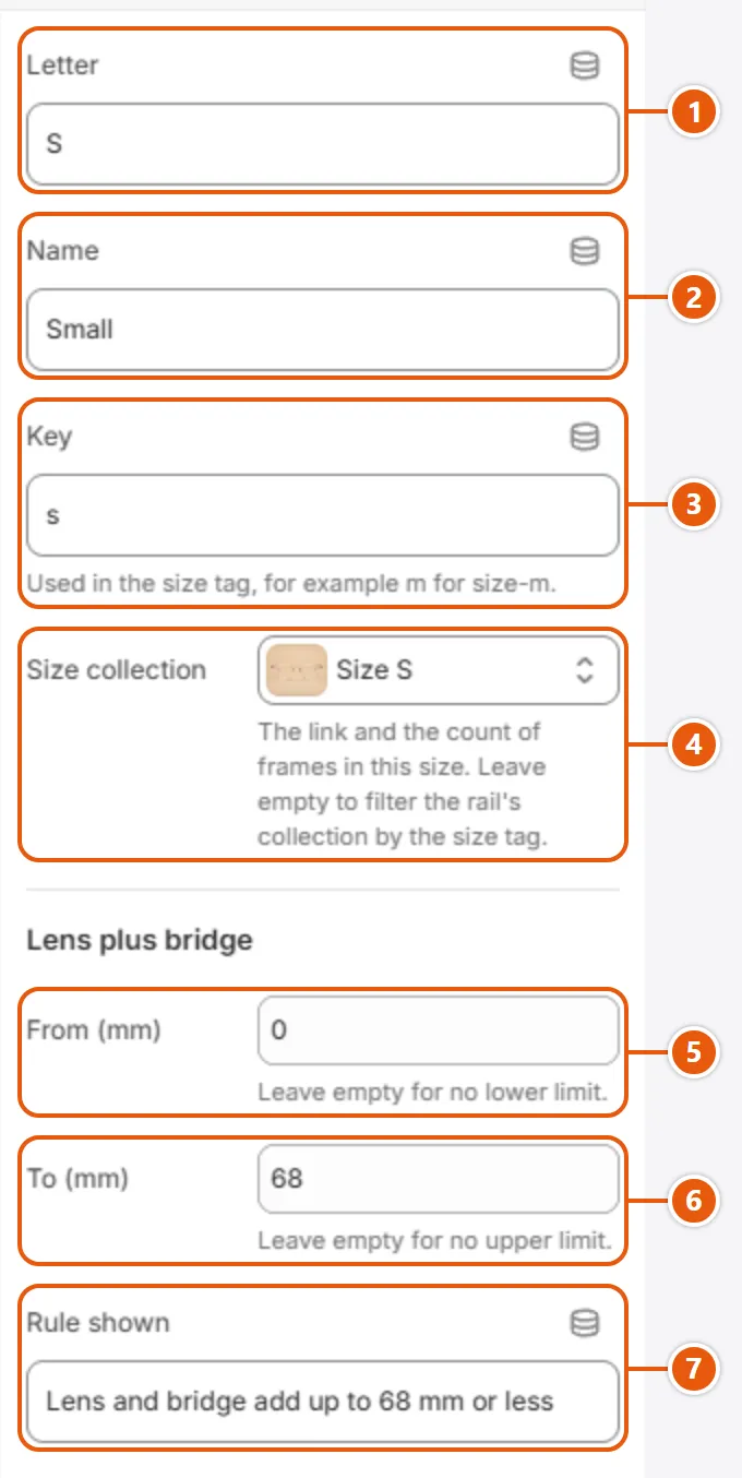 “Size” settings in the Shopify editor (1 of 2)