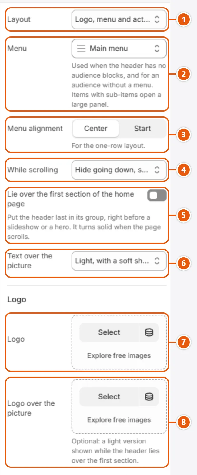 “Header” settings in the Shopify editor (1 of 5)