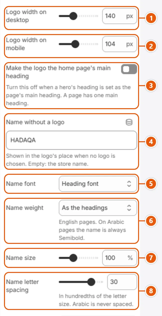 “Header” settings in the Shopify editor (2 of 5)