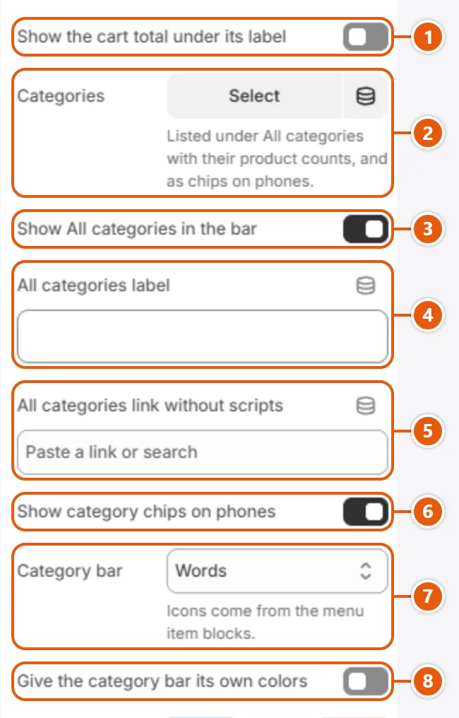 “Header” settings in the Shopify editor (4 of 5)