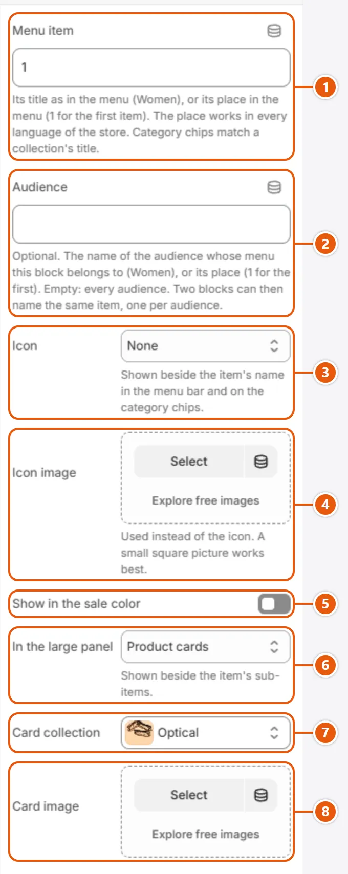 “Menu item” settings in the Shopify editor (1 of 2)