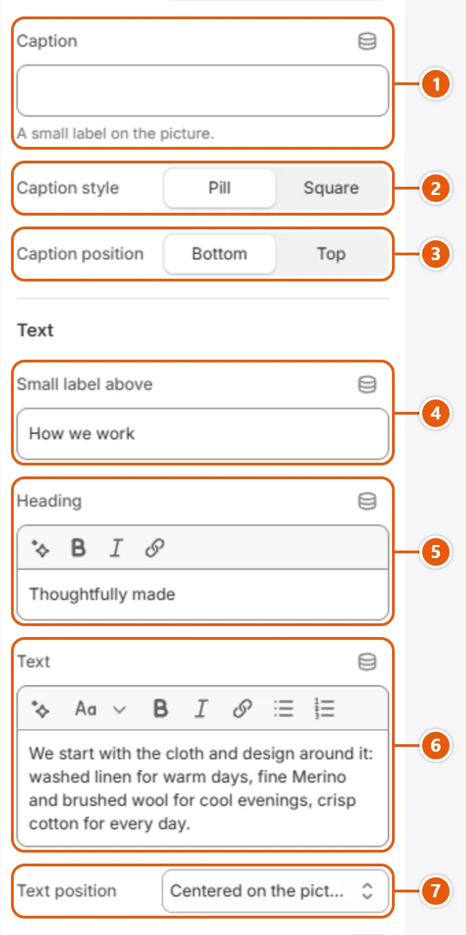 “Image with text” settings in the Shopify editor (2 of 3)