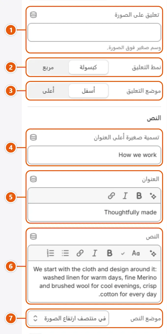 إعدادات «صورة مع نص» في محرر شوبيفاي (2 من 3)