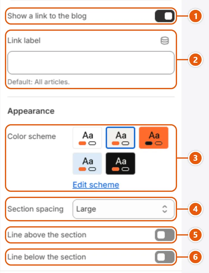 “Blog posts” settings in the Shopify editor (2 of 2)