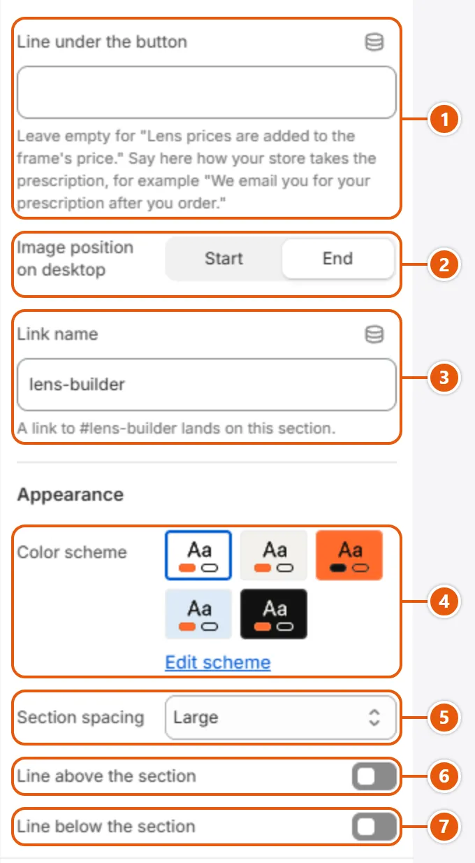 “Lens builder” settings in the Shopify editor (2 of 2)