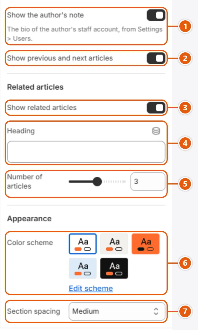 “Article” settings in the Shopify editor (2 of 2)