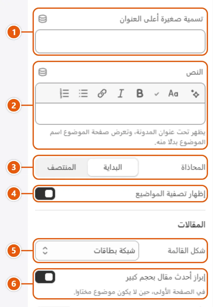 إعدادات «المدونة» في محرر شوبيفاي (1 من 3)