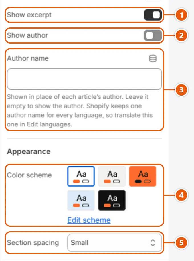 “Blog” settings in the Shopify editor (3 of 3)