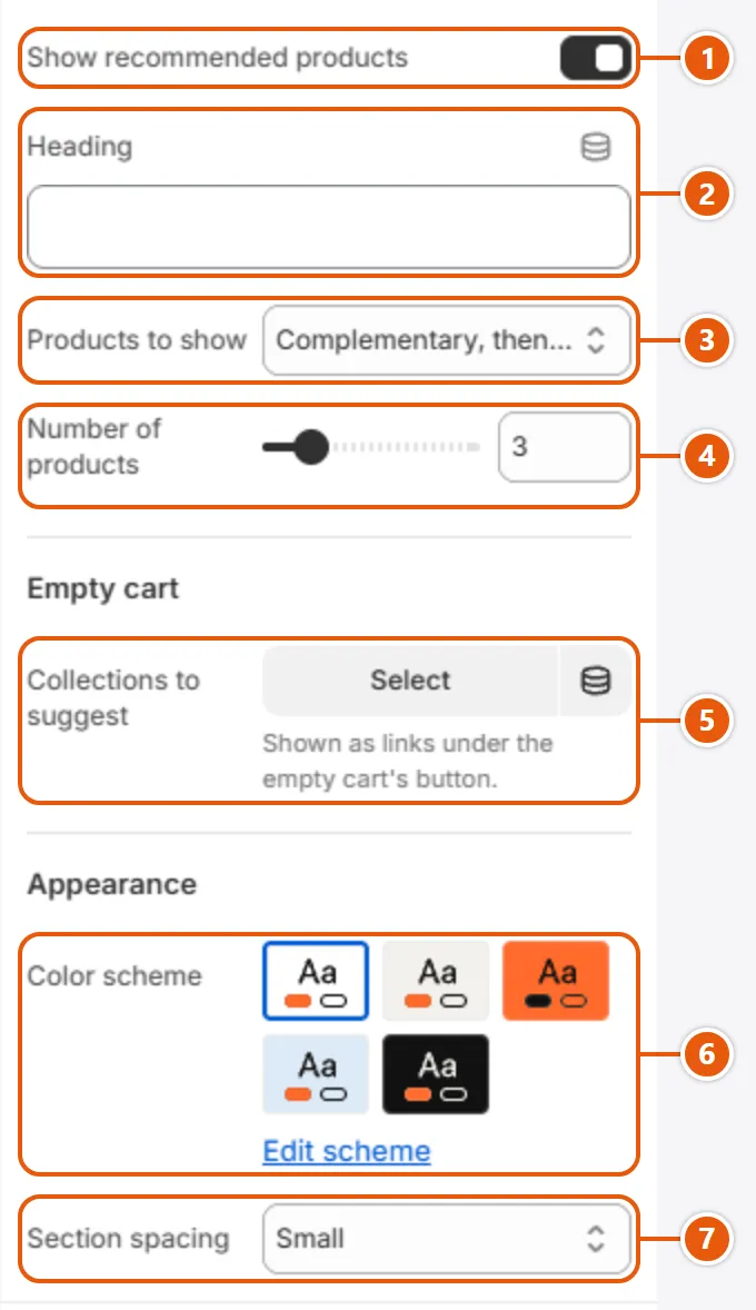 “Cart” settings in the Shopify editor (2 of 2)