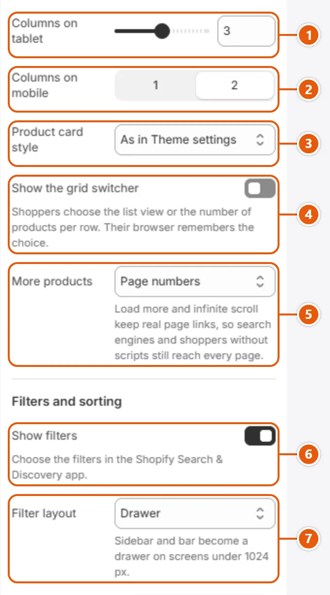 “Collection products” settings in the Shopify editor (2 of 3)