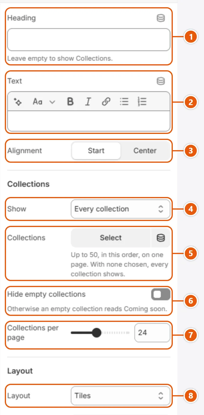 “Collections list” settings in the Shopify editor (1 of 2)
