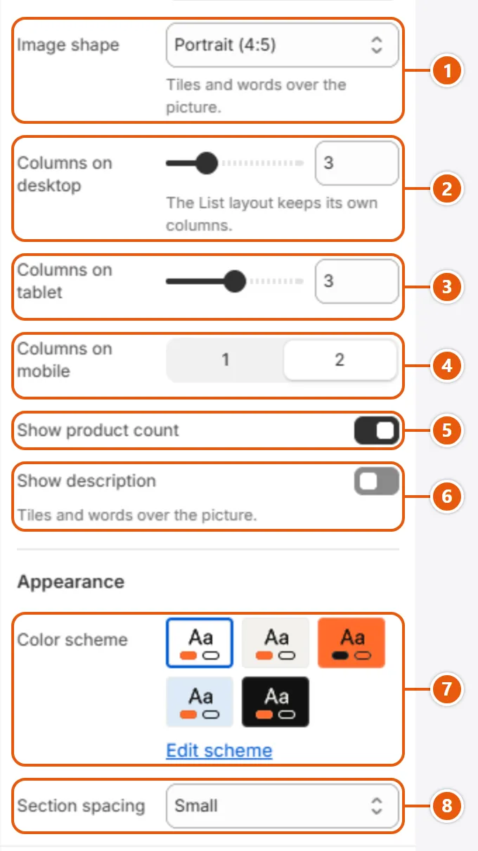 “Collections list” settings in the Shopify editor (2 of 2)