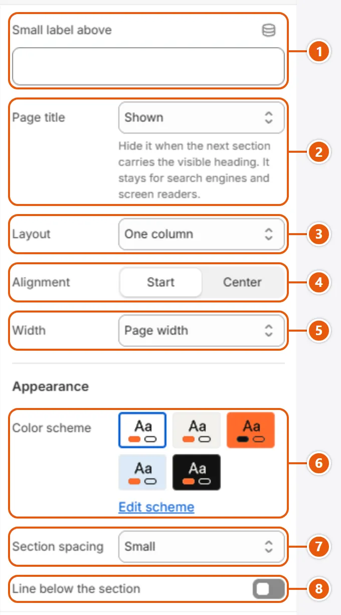 “Page” settings in the Shopify editor