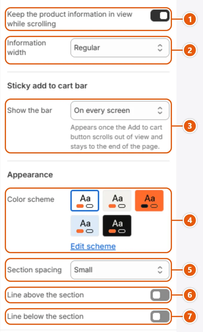 “Product information” settings in the Shopify editor (2 of 2)
