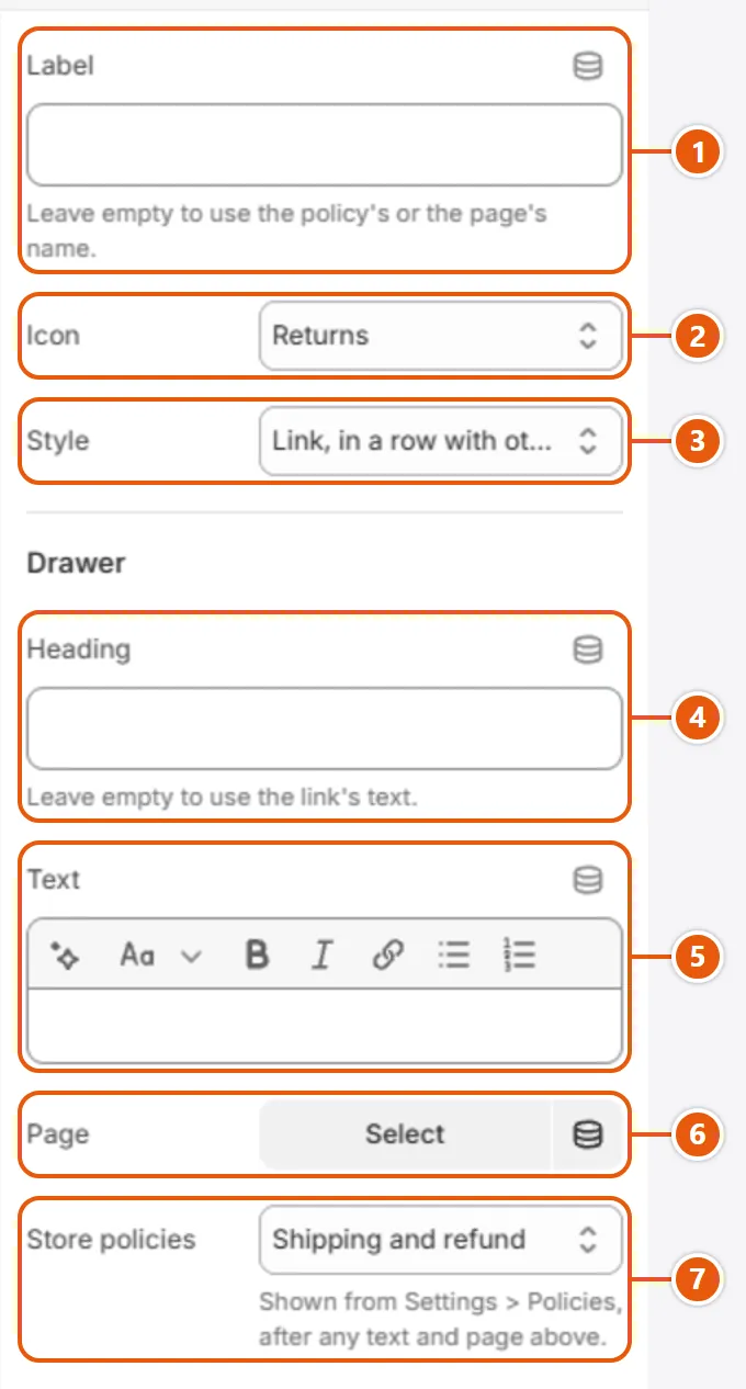 “Pop-up link” settings in the Shopify editor