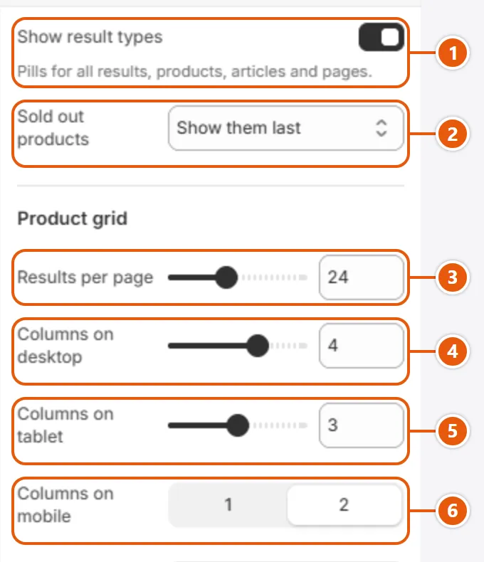 “Search results” settings in the Shopify editor (1 of 3)