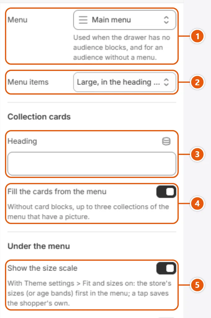 “Menu drawer” settings in the Shopify editor (1 of 2)