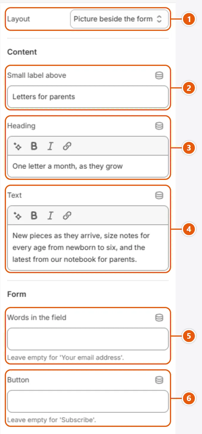 “Newsletter banner” settings in the Shopify editor (1 of 3)