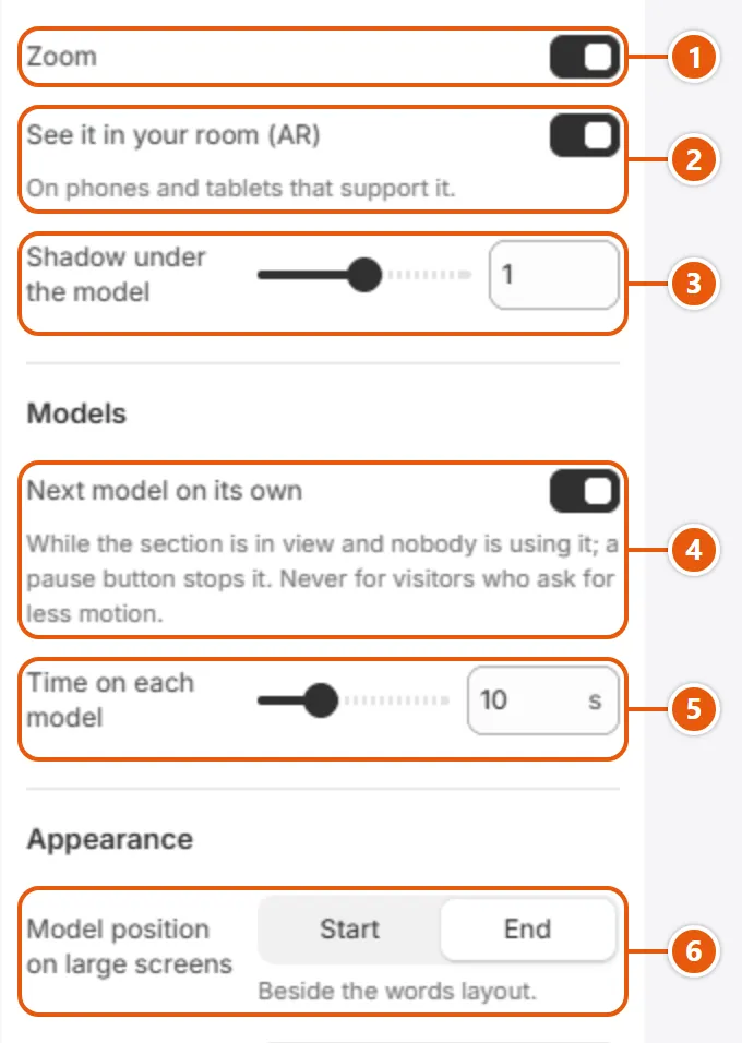 “3D product” settings in the Shopify editor (2 of 3)