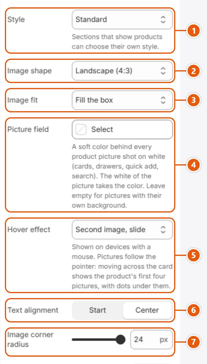 “Product cards” settings in the Shopify editor (1 of 2)