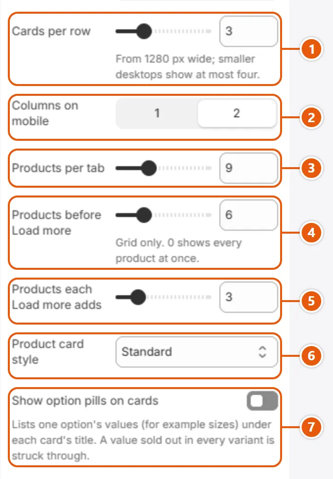“Product tabs” settings in the Shopify editor (2 of 3)