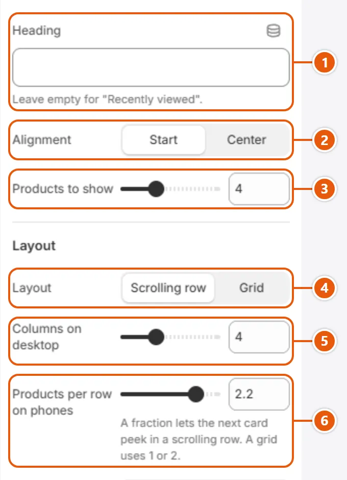 “Recently viewed” settings in the Shopify editor (1 of 2)