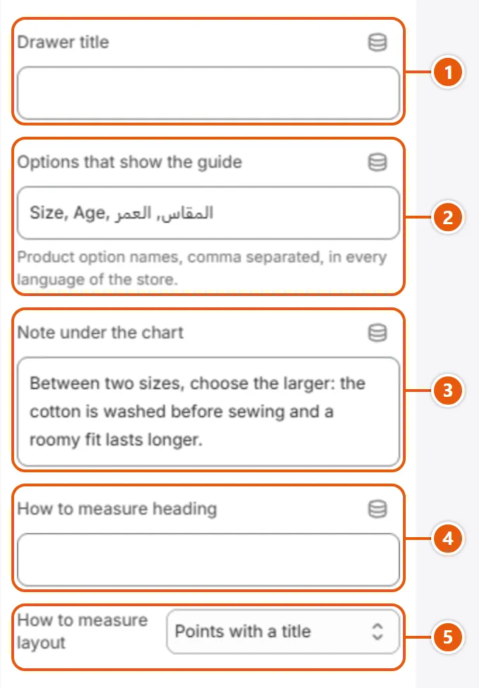 “Size guide” settings in the Shopify editor (1 of 2)