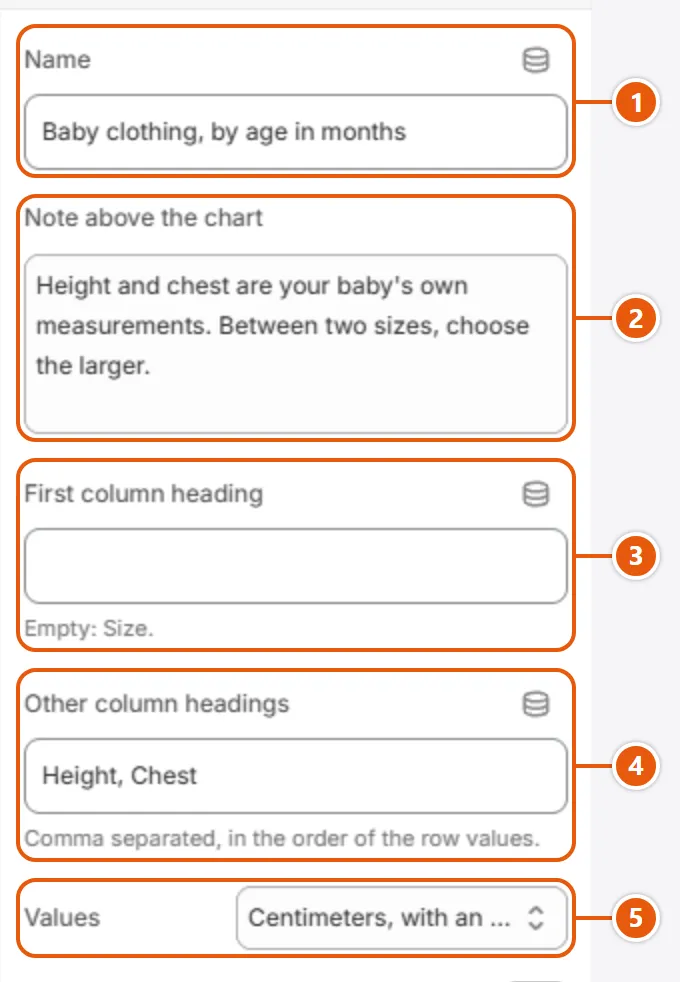 “Chart” settings in the Shopify editor (1 of 2)