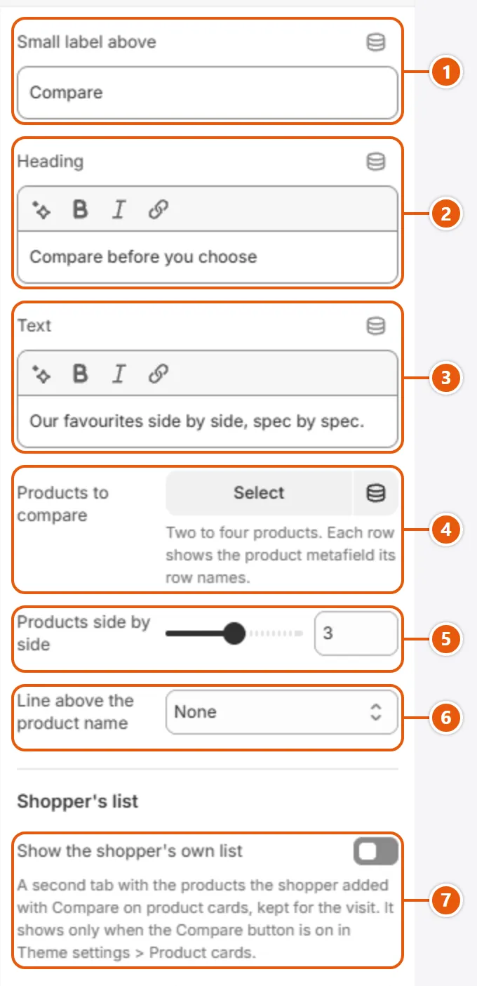 “Compare specs” settings in the Shopify editor (1 of 2)