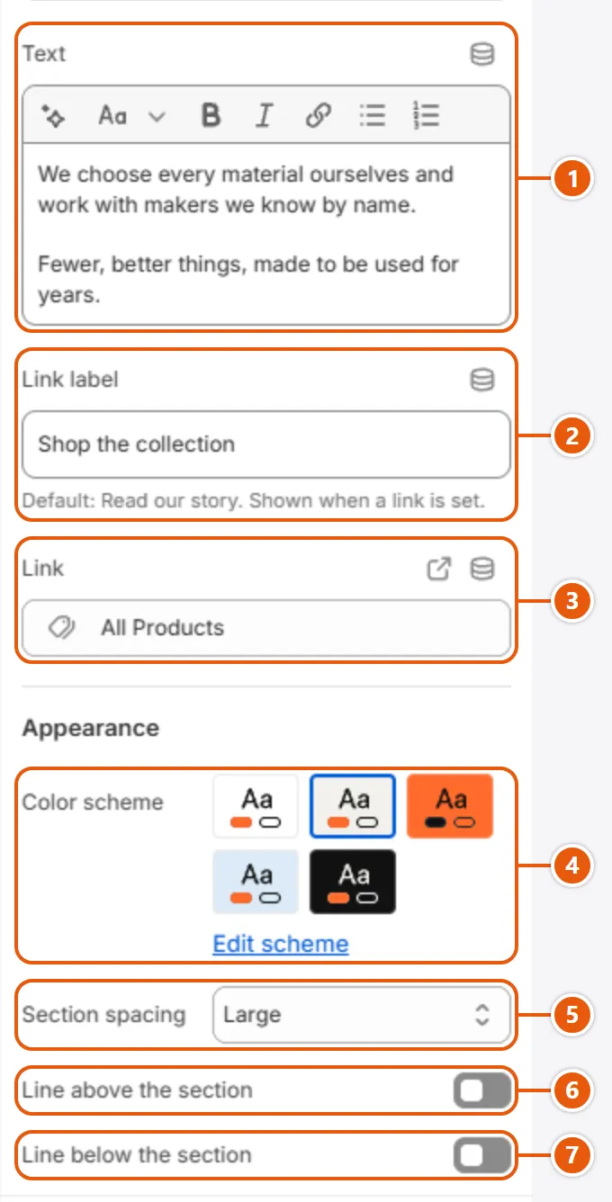 “Brand story” settings in the Shopify editor (2 of 2)