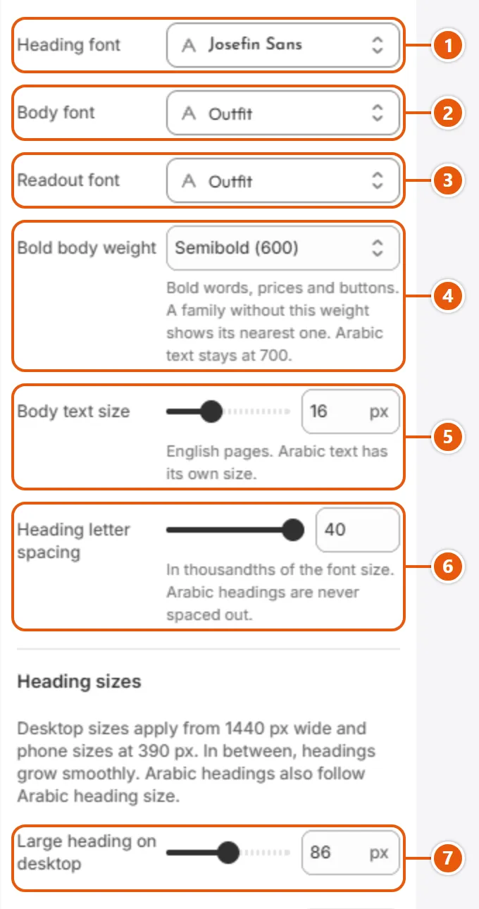 “Typography” settings in the Shopify editor (1 of 3)