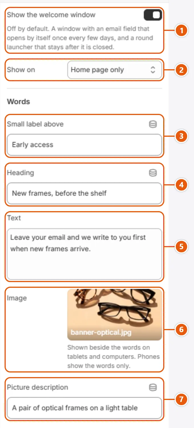 “Welcome window” settings in the Shopify editor (1 of 3)