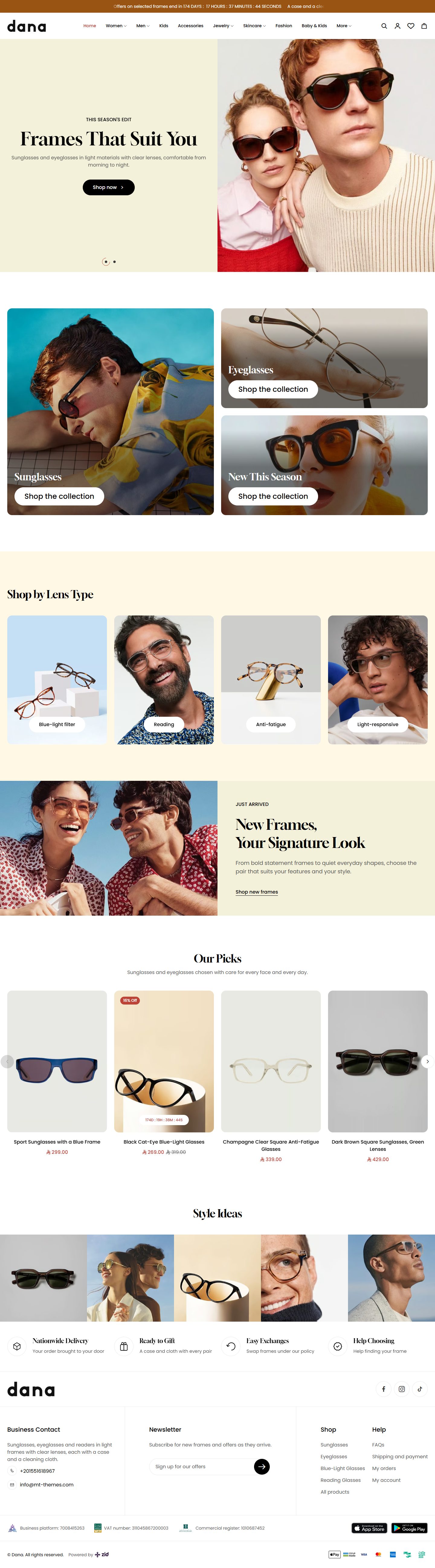 Home page of the Eyewear design on desktop