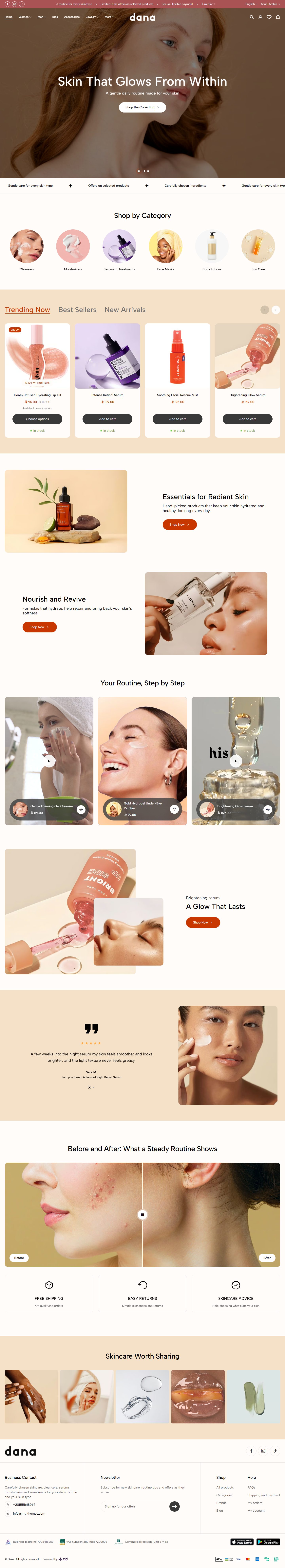 Home page of the Skincare design on desktop