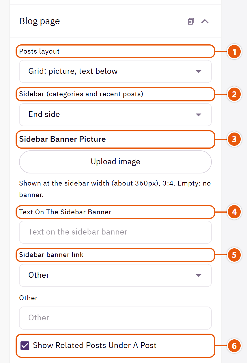 “Blog page” settings in the Zid editor