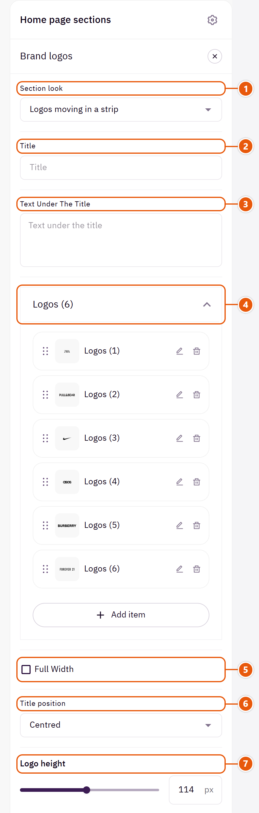 “Brand logos” settings in the Zid editor (1 of 3)