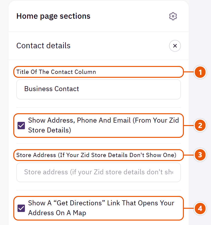 “Contact details” settings in the Zid editor