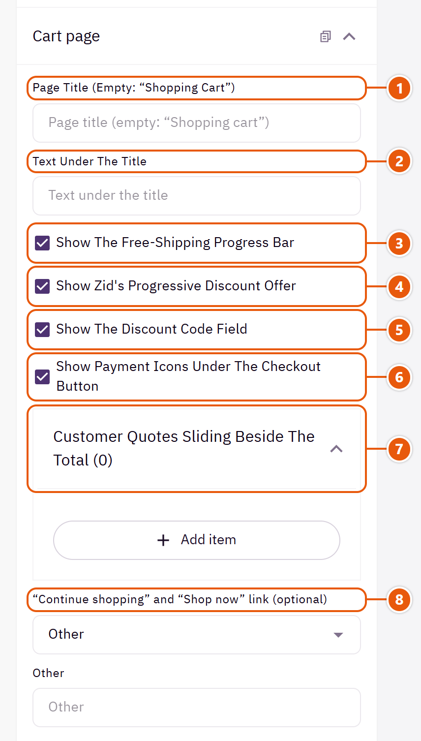 “Cart page” settings in the Zid editor